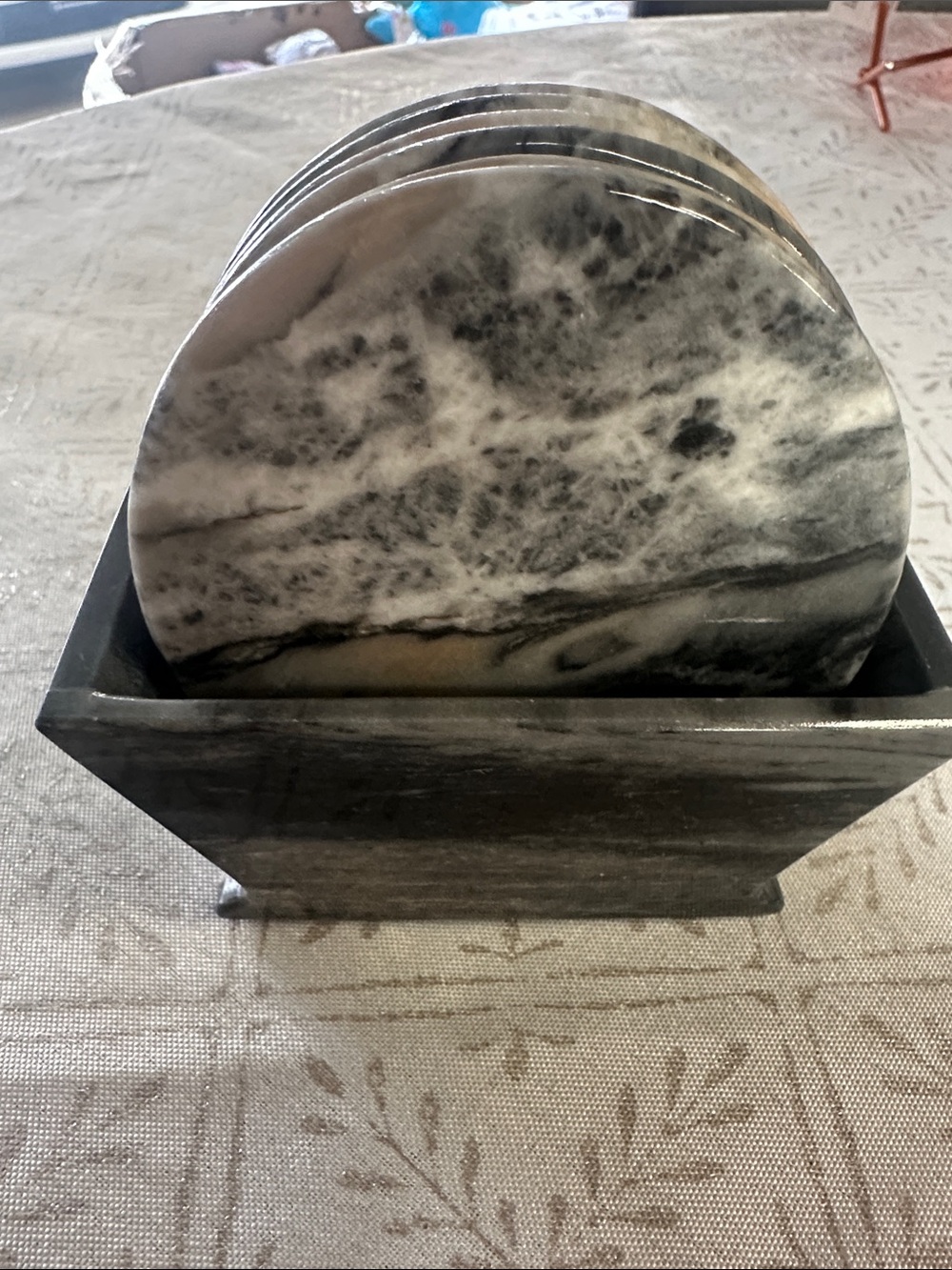 Marble Round Coaster Set with Holder - Black and White Marble